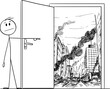War, Crisis, Disaster or Doom Behind Door, Vector Cartoon Stick Figure Illustration