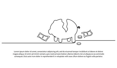 Wall Mural - Continuous line design of broken piggy bank. A symbol of despair, desperate need. Decorative elements drawn on a white background.