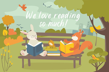 Poster - Cute animals reading books concept background. Pets love to read. Owl, raccoon, squirrel and hedgehog sitting with books near house in tree in green forest. Illustration in flat cartoon design