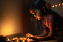 AI Generated Image Of A Young Indian Girl Arranging Earthen Lamps For Celebrating Diwali Or Deepavali, The Hindu Festival Of Lights