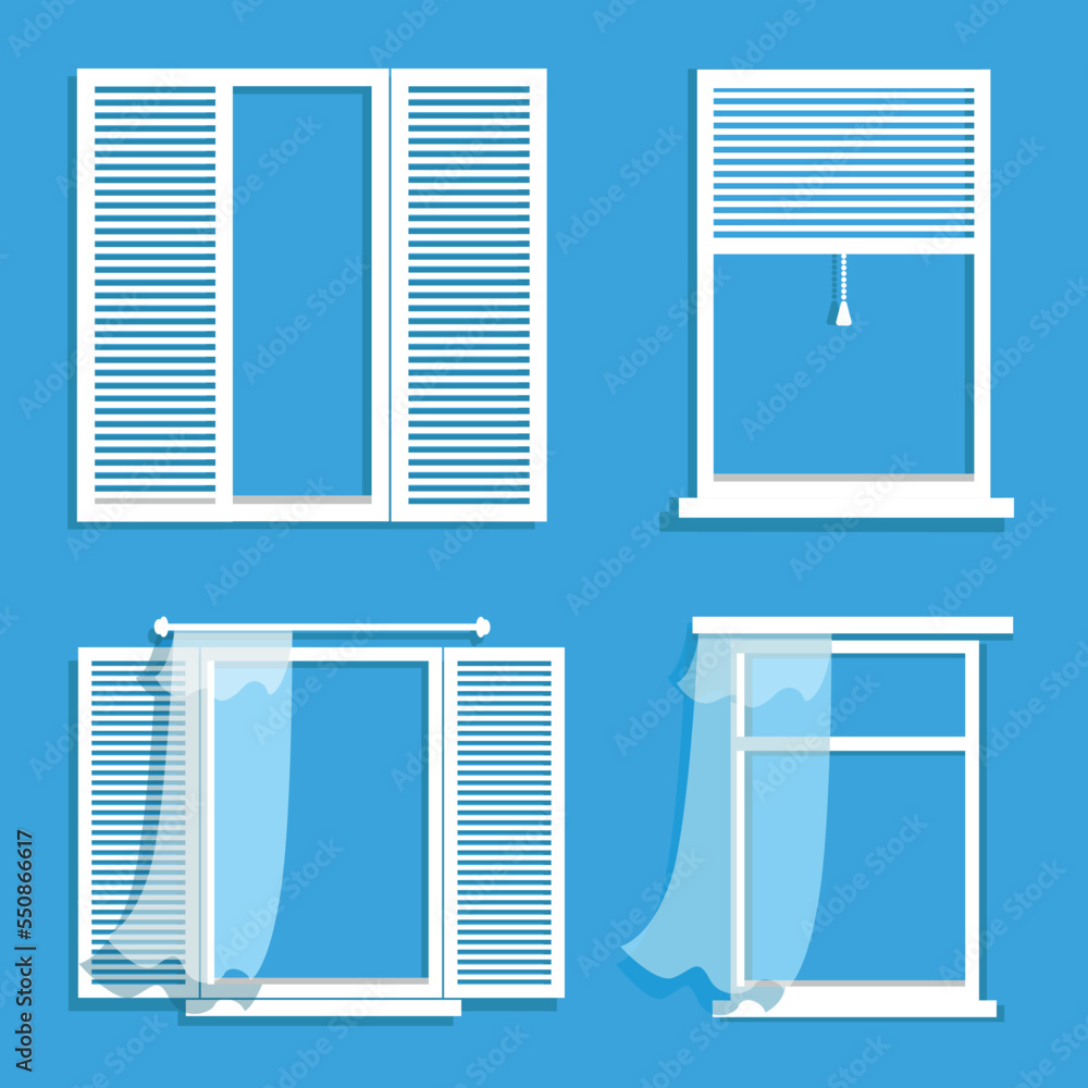 Vector set of white windows with shutters, blinds and tulle. Elements ...