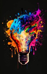 Wall Mural - lightbulb eureka moment with impactful and inspiring artistic colourful explosion of paint energy