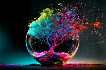 Wall Mural - Abstract colourful paint explosion in a glass bowl