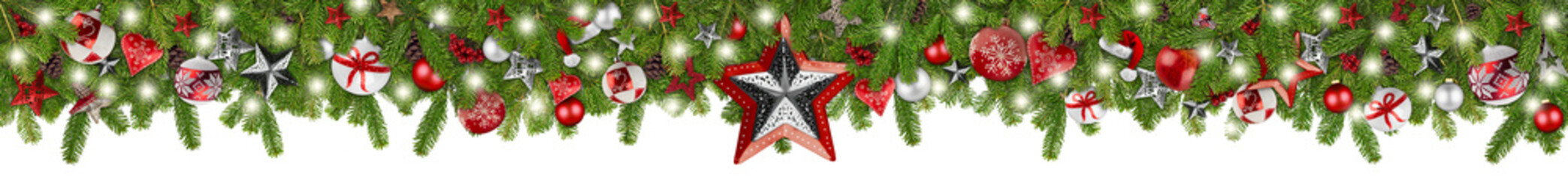 christmas garland super wide panorama banner with fir branches red silver stars lights and baubles x