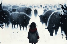 A Girl In Front Of A Herd Of Bison, On A Snowy Winter Day, The Concept Of The Extinction Of Animals