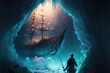 AI generated image of an explorer discovering an ancient Spanish galleon laden with treasures hidden in an icy cave