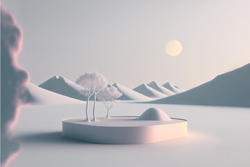 White gentle snow creative 3D Illustration concept of pedestal, podium for product. Winter, landscape, minimal and elegant.