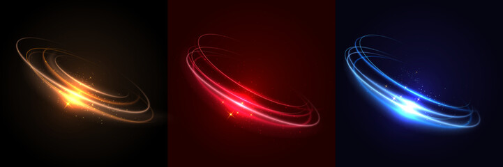 set of light blue, gold, red, spiral glowing neon lighting and sparkle frame design background with 