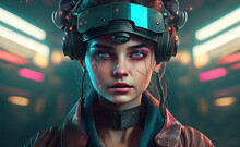 Cyberpunk Woman Portrait With VR Headset Ready To Explore Virtual Reality And Blurred Background. Generative AI Illustration Of Non Existing Person.