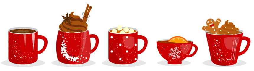 Christmas holiday coffee mug. Cocoa with marshmallows, winter warming drinks and hot espresso cup. Xmas hot chocolate mugs or winter cappuccino and latte cups. Isolated vector illustration icons set