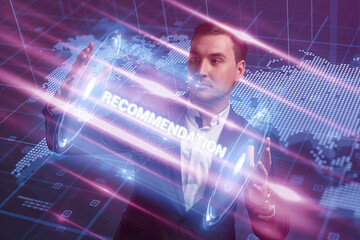 Business, Technology, Internet and network concept. Young businessman working on a virtual screen of the future and sees the inscription: Recommendation