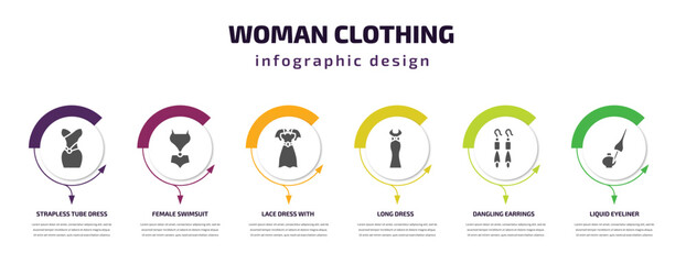 woman clothing infographic element with filled icons and 6 step or option. woman clothing icons such as strapless tube dress, female swimsuit, lace dress with belt, long dress, dangling earrings,