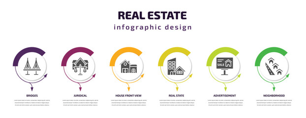  real estate infographic element with filled icons and 6 step or option. real estate icons such as bridges, juridical, house front view, real state, advertisement, neighborhood vector. can be used