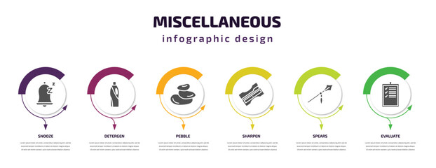 Wall Mural - miscellaneous infographic element with filled icons and 6 step or option. miscellaneous icons such as snooze, detergen, pebble, sharpen, spears, evaluate vector. can be used for banner, info graph,