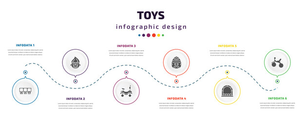 toys infographic element with filled icons and 6 step or option. toys icons such as shapes toy, troll toy, ride on toy, bouncy castle tricycle vector. can be used for banner, info graph, web.