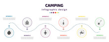 Camping Infographic Element With Filled Icons And 6 Step Or Option. Camping Icons Such As Water, Cabin, Wingsuit, Camping Gas, Rafting, Shovel Vector. Can Be Used For Banner, Info Graph, Web.