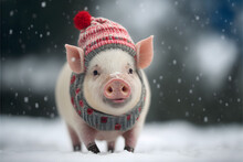 Little Pig With Santa Claus Hat In The Snow, Christmas, With Snow