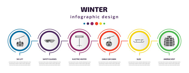Wall Mural - winter infographic element with filled icons and 6 step or option. winter icons such as ski lift, safety glasses, electric heater, cable car cabin, sled, anorak vest vector. can be used for banner,