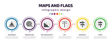 Maps And Flags Infographic Element With Filled Icons And 6 Step Or Option. Maps And Flags Icons Such As Speed Breaker, Arrow On Globe, Rock Landslide Safety, Pole, Divarication, Vintage Vector. Can