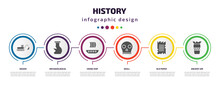 History Infographic Element With Filled Icons And 6 Step Or Option. History Icons Such As Digger, Archaeological, Viking Ship, Skull, Old Paper, Ancient Jar Vector. Can Be Used For Banner, Info