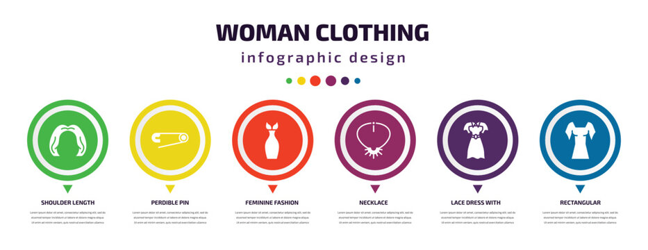 woman clothing infographic element with filled icons and 6 step or option. woman clothing icons such as shoulder length, perdible pin, feminine fashion, necklace, lace dress with belt, rectangular