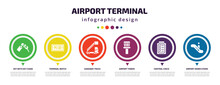 Airport Terminal Infographic Element With Filled Icons And 6 Step Or Option. Airport Terminal Icons Such As Key With Key Chain, Terminal Watch, Gangway Truck, Airport Tower, Control Check, Down