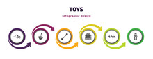 Toys Infographic Element With Filled Icons And 6 Step Or Option. Toys Icons Such As Digger Toy, Spinning Toy, Puppy Toy, Bouncy Castle Truck Teddy Bear Vector. Can Be Used For Banner, Info Graph,