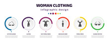 Woman Clothing Infographic Element With Filled Icons And 6 Step Or Option. Woman Clothing Icons Such As Cat Eyes Glasses, Clothes, Sexy Female Dress, Long Black Gown, Female Dress, Glasses For Eyes
