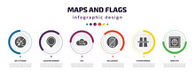 Maps And Flags Infographic Element With Filled Icons And 6 Step Or Option. Maps And Flags Icons Such As No Littering, Location Marker, Co2, No Luggage, Flyover Bridge, Mine Site Vector. Can Be Used