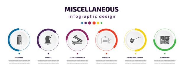 Wall Mural - miscellaneous infographic element with filled icons and 6 step or option. miscellaneous icons such as granary, snooze, stapler remover, wringer, measuring spoon, scrapbook vector. can be used for