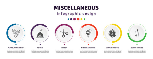 Wall Mural - miscellaneous infographic element with filled icons and 6 step or option. miscellaneous icons such as paperclip attachment, refugee, scissor, thinking solutions, compass pointing north, school