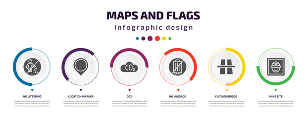 maps and flags infographic element with filled icons and 6 step or option. maps and flags icons such as no littering, location marker, co2, no luggage, flyover bridge, mine site vector. can be used