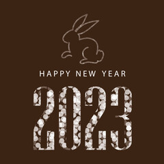 Wall Mural - Happy New Year modern design with 2023 logo made of white  numbers  and rabbit on brown background. Minimalistic trendy background for branding, banner, cover, card