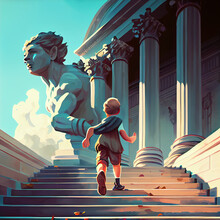 Adventure Boy Running On Steps To The Giant Statue, Digital Art Style, Illustration Painting