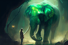 Young Woman Facing The Giant Elephant With Glowing Green Tusks, Digital Art Style, Illustration Painting 