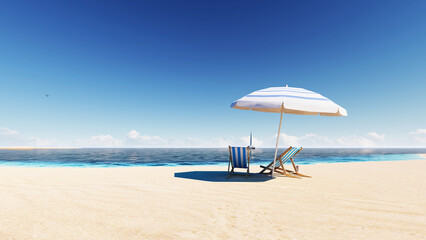 Wall Mural - Beach chair and sea. Beach with blue sky in summer as vacation concept.
