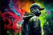 graffiti sprayer artist with mask in a colourful scene in front of painted wall, generative ai