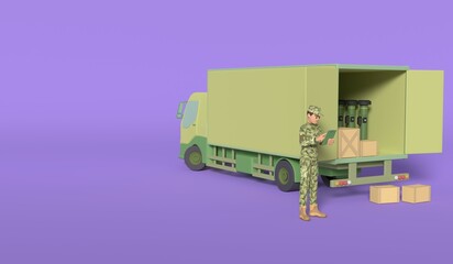 Wall Mural - Man in a military uniform inspects cargo while standing next to a truck. Web banner with place for text. 3D rendering