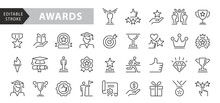 20 Awards Icons. Awards And Achievements Line Icon Set. Vector Illustration. Editable Stroke