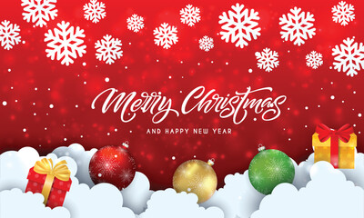 Wall Mural - christmas and new year typographical on red background with gold glitter texture. vector illustratio