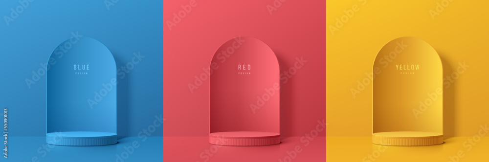 Set of abstract 3D room with yellow, blue, red realistic cylinder ...