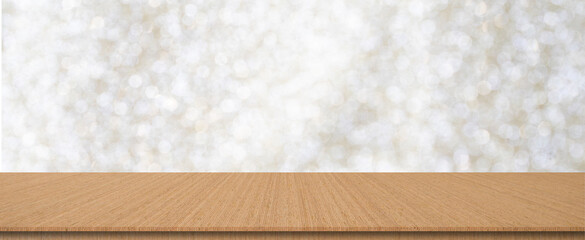 Wall Mural - abstract blurred bokeh shine in silver backdrop with vintage grungy beige brown wood background text