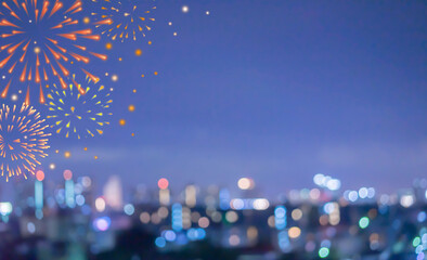 Wall Mural - abstract show group of exploding fireworks bright light vibrant colorful and falling fire glitter on night sky background for happy new year festival concept	
