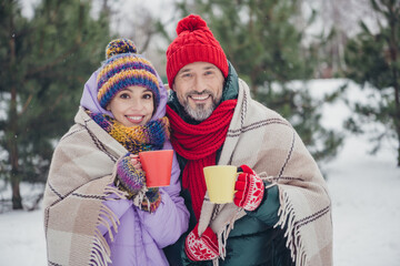 Sticker - Photo of two peaceful idyllic partners hands gloves hold coffee mug warm blanket walk snowy woods outdoors