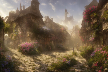 Wall Mural - beautiful medieval town covered in flowers dreamy landscape