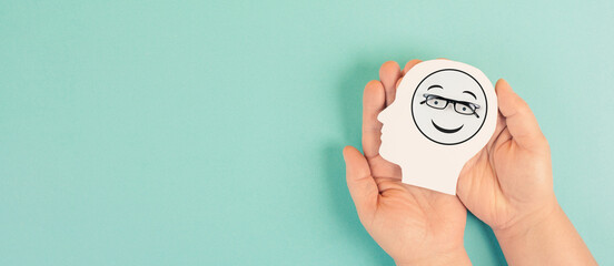 Wall Mural - Happy smiling face, mental health concept, positive mindset, support and evaluation symbol
