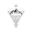 Hand drawn mountain range by the sea textured vector illustration. Double exposure with birds and triangles around. Geometric style.