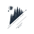 Hand drawn fir trees textured vector illustrations. Double exposure with pine forest, moon, and arrows and lines around. Geometric style.