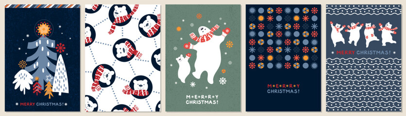 Modern Holiday cards with white bears, Christmas trees, Scandinavian ornaments. Cute animals greeting cards collection