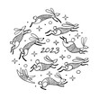 Happy chinese new year 2023 of the rabbit zodiac sign. Greeting card design. Funny Bunnies concept art. Christamas holiday background. Vector illustration